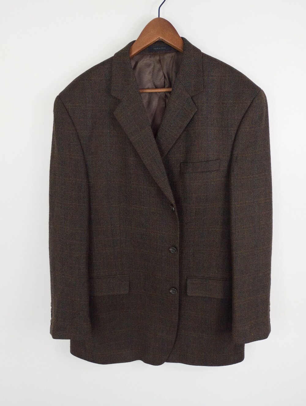 CHAPS Wool Blazer Size 46R Brown Herringbone Plaid Sport Coat
